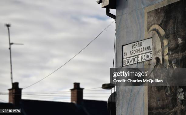 Dual Irish-English language street sign can be seen on February 21, 2018 in Belfast, Northern Ireland. Talks to restore the Northern Ireland power...