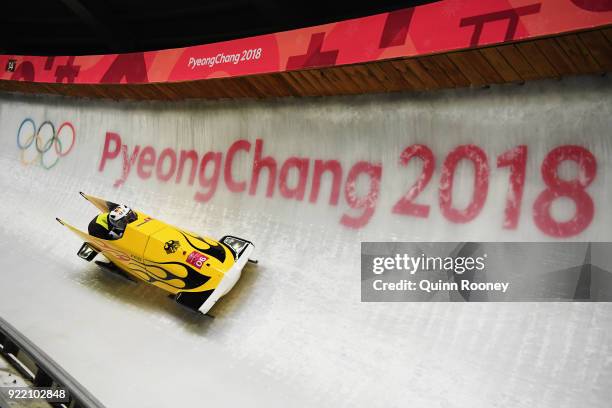 Mariama Jamanka and Lisa Buckwitz of Germany slide during the Women's Bobsleigh heats on day twelve of the PyeongChang 2018 Winter Olympic Games at...