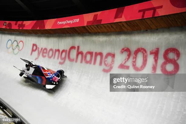 Elana Meyers Taylor and Lauren Gibbs of the United States slide during the Women's Bobsleigh heats on day twelve of the PyeongChang 2018 Winter...