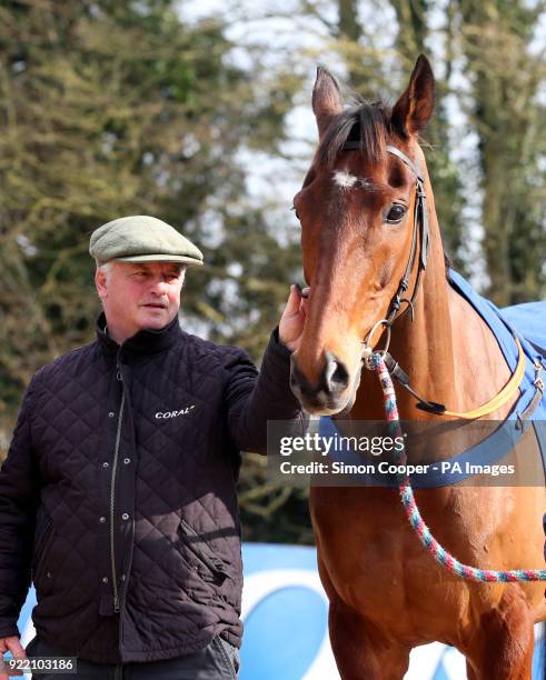 Trainer Colin Tizzard with Cue Card during the stable visit to Colin Tizzard's yard at Milborne Port, Somerset.