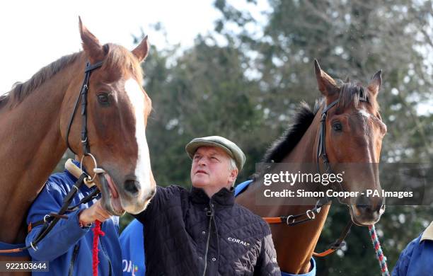 Trainer Colin Tizzard poses with Native River and Cue Card during the stable visit to Colin Tizzard's yard at Milborne Port, Somerset.