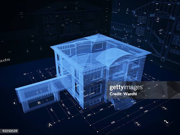 3 d holograma de una lujosa casa over blueprints - holograma fotografías e imágenes de stock