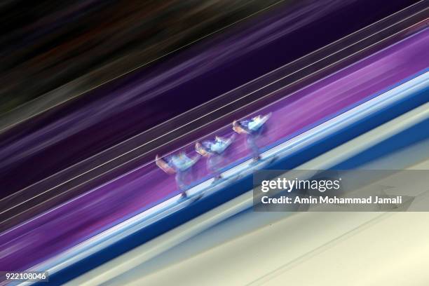 Sverre Lunde Pedersen, Havard Bokko and Simen Spieler Nilsen of Norway compete during the Speed Skating Men's Team Pursuit Final A against Korea on...