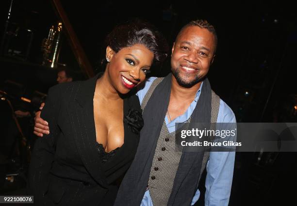 Kandi Burruss as "Matron Mama Morton", Jessica Ernest as "Roxie Hart" and Cuba Gooding Jr pose backstage at the hit musical "Chicago" on Broadway at...