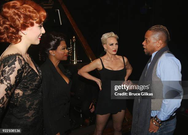 Jessica Ernest as "Roxie Hart", Kandi Burruss as "Matron Mama Morton", Amra-Faye Wright as "Velma Kelly" and Cuba Gooding Jr chat backstage at the...