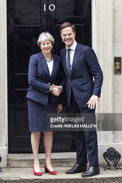 Britain's Prime Minister Theresa May greets Prime Minister of the Netherlands, Mark Rutte outside No 10 Downing street, in central London on February...