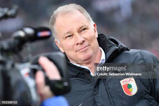 Stefan Reuter of Augsburg gives an interview prior to the Bundesliga match between FC Augsburg and VfB Stuttgart at WWK-Arena on February 18, 2018 in...