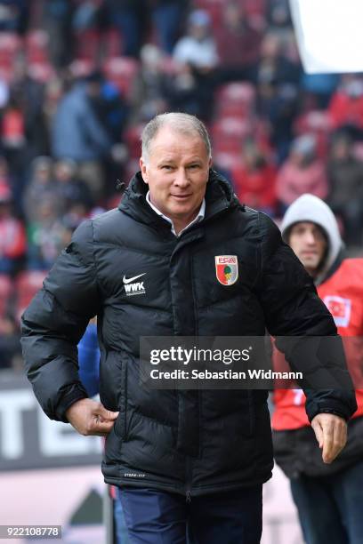 Stefan Reuter of Augsburg looks on prior to the Bundesliga match between FC Augsburg and VfB Stuttgart at WWK-Arena on February 18, 2018 in Augsburg,...