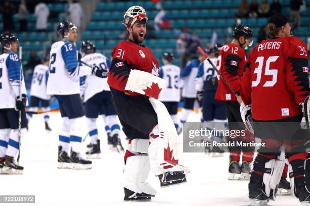 Kevin Poulin of Canada celebrates after defeating Finland 1-0 during the Men's Play-offs Quarterfinals on day twelve of the PyeongChang 2018 Winter...