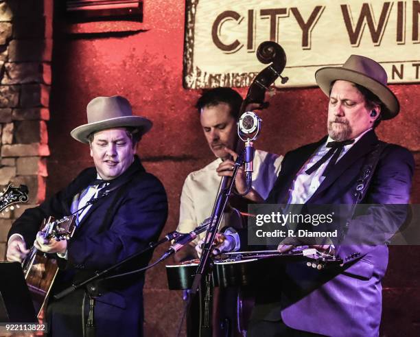 Shawn Camp, Barry Bates and Jerry Douglas of Earls of Leicester perform at City Winery on February 20, 2018 in Atlanta, Georgia.
