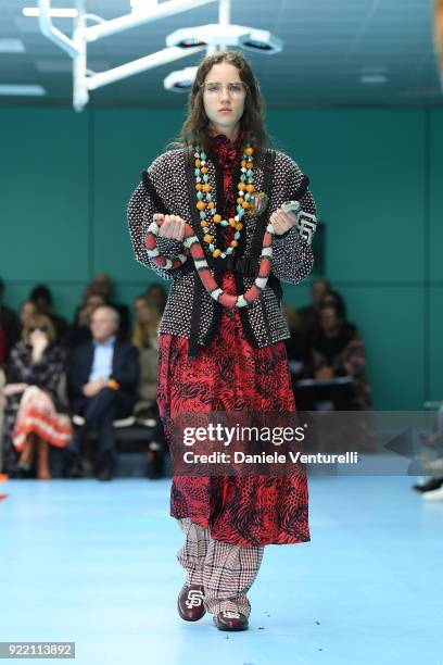 Model walks the runway at the Gucci show during Milan Fashion Week Fall/Winter 2018/19 on February 21, 2018 in Milan, Italy.