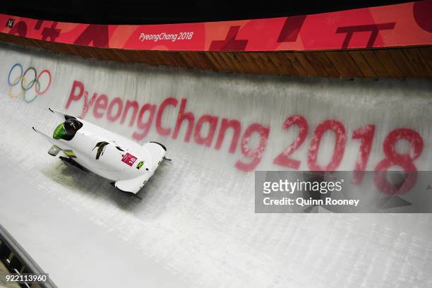 Jazmine Fenlator-Victorian and Carrie Russell of Jamaica slide during the Women's Bobsleigh heats on day twelve of the PyeongChang 2018 Winter...