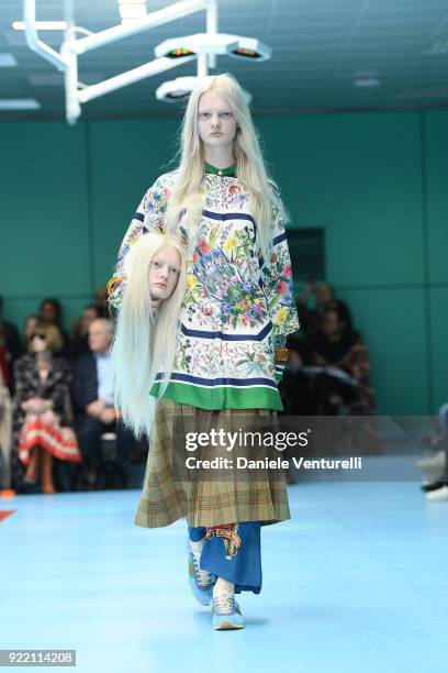 Model walks the runway at the Gucci show during Milan Fashion Week Fall/Winter 2018/19 on February 21, 2018 in Milan, Italy.