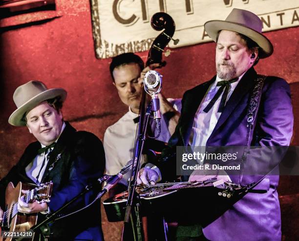 Shawn Camp, Barry Bates and Jerry Douglas of Earls of Leicester perform at City Winery on February 20, 2018 in Atlanta, Georgia.