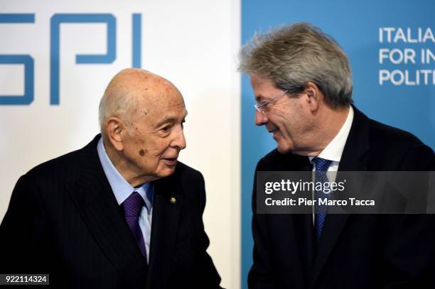 Former Italian President Giorgio Napolitano and Italian Prime Minister Paolo Gentiloni attend the ISPI 2017 awards on February 21, 2018 in Milan,...