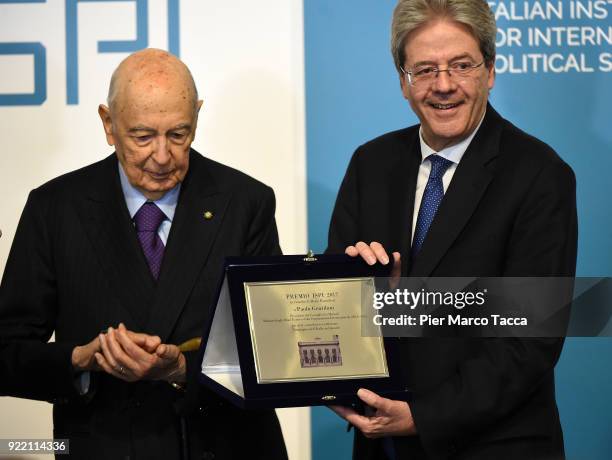 Former Italian President Giorgio Napolitano and Italian Prime Minister Paolo Gentiloni attend the ISPI 2017 awards on February 21, 2018 in Milan,...