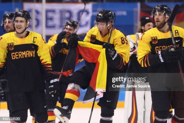 Team Germany celebrates after defeating Sweden 4-3 in overtime during the Men's Play-offs Quarterfinals game on day twelve of the PyeongChang 2018...