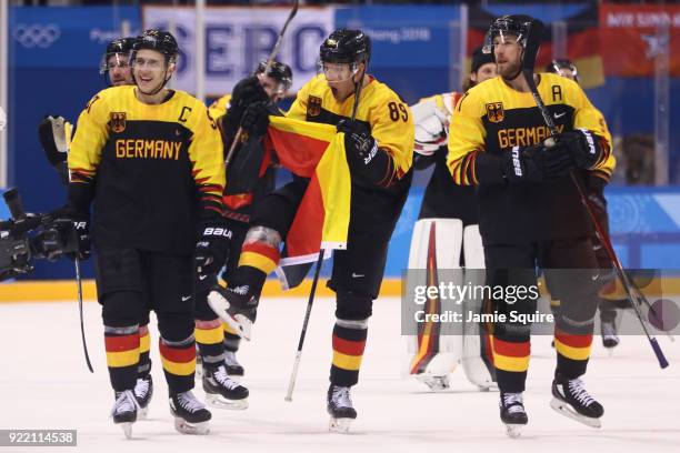 Team Germany celebrates after defeating Sweden 4-3 in overtime during the Men's Play-offs Quarterfinals game on day twelve of the PyeongChang 2018...