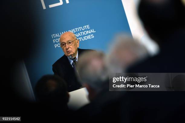 Former Italian President Giorgio Napolitano attends the ISPI 2017 awards on February 21, 2018 in Milan, Italy. The Italian General Election takes...