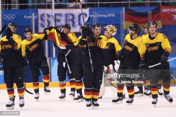 Team Germany celebrates after defeating Sweden 4-3 in overtime during the Men's Play-offs Quarterfinals game on day twelve of the PyeongChang 2018...