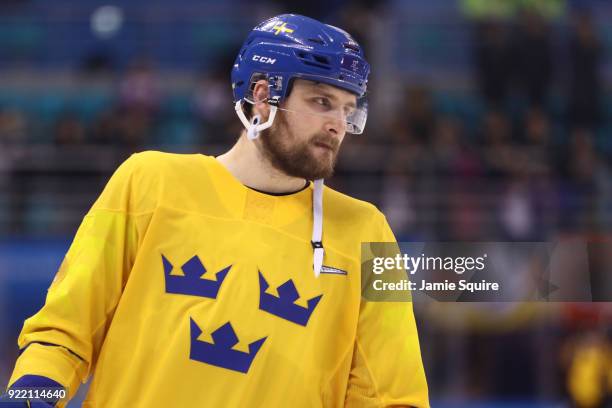 Mikael Wikstrand of Sweden n reacts after losing 4-3 to Germany in overtime during the Men's Play-offs Quarterfinals game on day twelve of the...