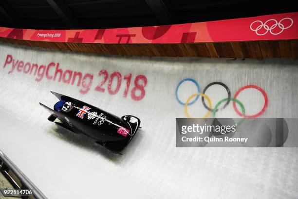 Mica Mcneill and Mica Moore of Great Britain slide during the Women's Bobsleigh heats on day twelve of the PyeongChang 2018 Winter Olympic Games at...