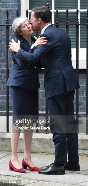 British Prime Minister Theresa May greets Prime Minister of the Netherlands Mark Rutte outside Downing Street on February 21, 2018 in London,...