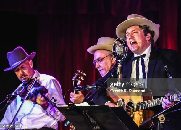 Johnny Warren, Charlie Cushman and Shawn Camp of Earls of Leicester perform at City Winery on February 20, 2018 in Atlanta, Georgia.