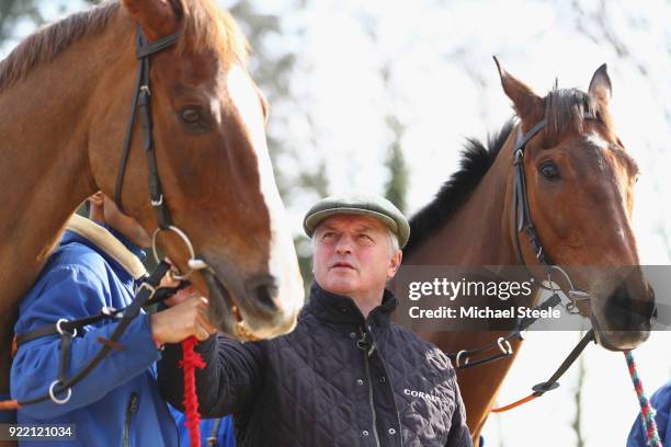 National hunt trainer Colin Tizzard alongside Cue Card and Native River during a media stable visit at Spurles Farm on February 21, 2018 in...