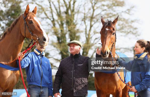 National hunt trainer Colin Tizzard alongside Cue Card and Native River during a media stable visit at Spurles Farm on February 21, 2018 in...