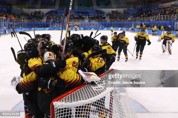 Team Germany celebrates after defeating Sweden 4-3 in overtime during the Men's Play-offs Quarterfinals game on day twelve of the PyeongChang 2018...