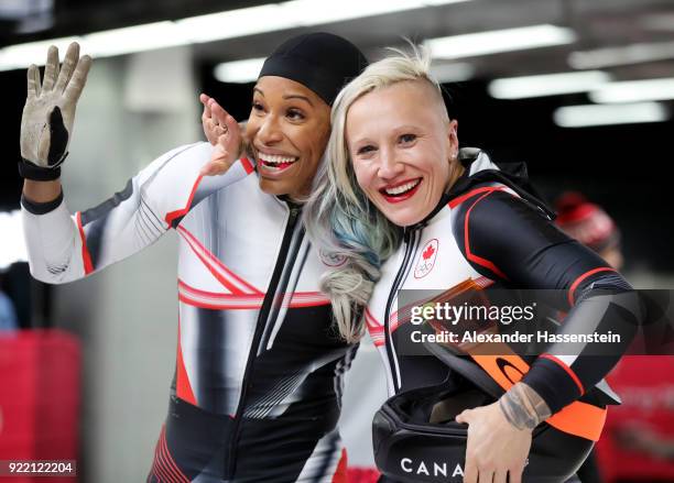 Kaillie Humphries and Phylicia George of Canada react in the finish area during the Women's Bobsleigh heats on day twelve of the PyeongChang 2018...