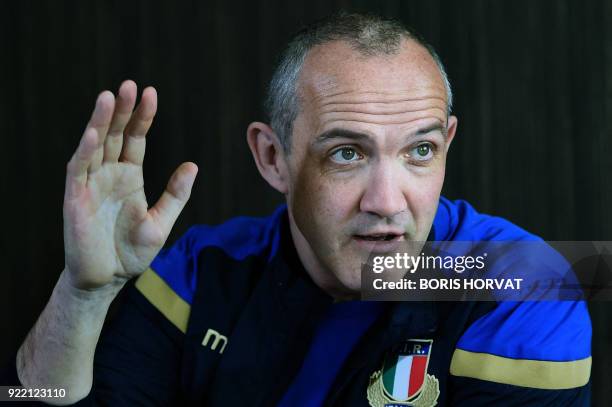 Italy's national rugby team head coach Irish Conor O'Shea gives a press conference in Marseille on February 21, 2018 to announce Italy's Six Nations...