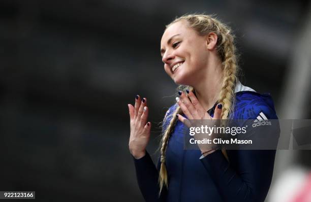 Mica McNeill of Great Britain reacts in the finish area during the Women's Bobsleigh heats on day twelve of the PyeongChang 2018 Winter Olympic Games...