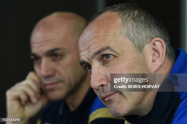 Italy's national rugby team head coach Irish Conor O'Shea gives a press conference in Marseille on February 21, 2018 to announce Italy's Six Nations...