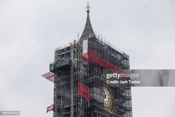 Work men move scaffolding on the Elizabeth Tower commonly known as Big Ben on February 21, 2018 in London, England. MPs will leave the Palace of...