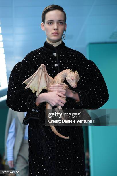 Model walks the runway at the Gucci show during Milan Fashion Week Fall/Winter 2018/19 on February 21, 2018 in Milan, Italy.