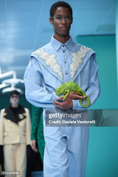 Model walks the runway at the Gucci show during Milan Fashion Week Fall/Winter 2018/19 on February 21, 2018 in Milan, Italy.