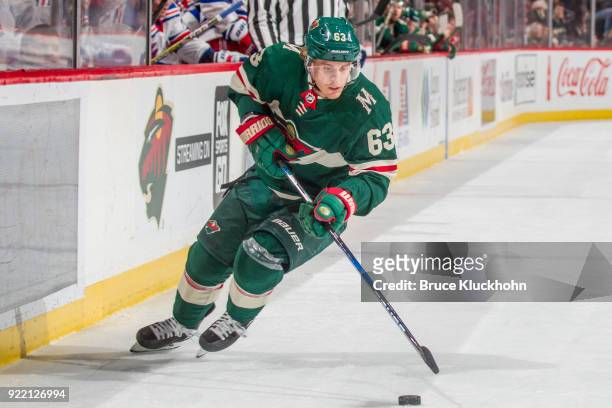 Tyler Ennis of the Minnesota Wild skates with the puck against the New York Rangers during the game at the Xcel Energy Center on February 13, 2018 in...
