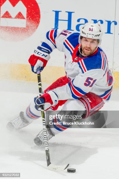 David Desharnais of the New York Rangers handles the puck against the Minnesota Wild during the game at the Xcel Energy Center on February 13, 2018...