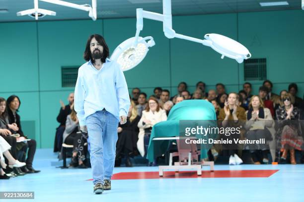 Designer Alessandro Michele aknowledge the applause of the public after the the Gucci show during Milan Fashion Week Fall/Winter 2018/19 on February...