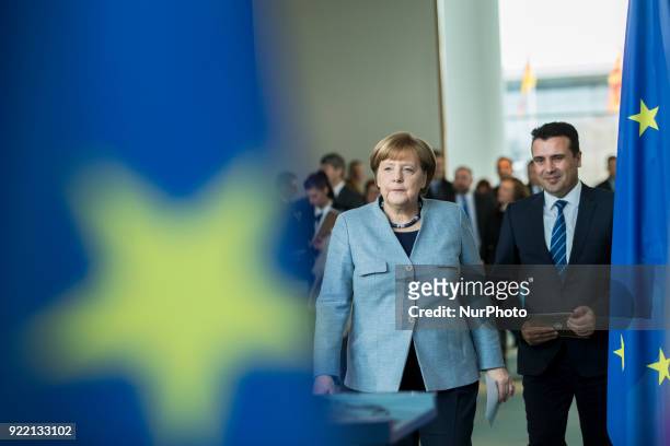 German Chancellor Angela Merkel and Prime Minister of Macedonia Zoran Zaev arrive to a press conference at the Chancellery in Berlin, Germany on...