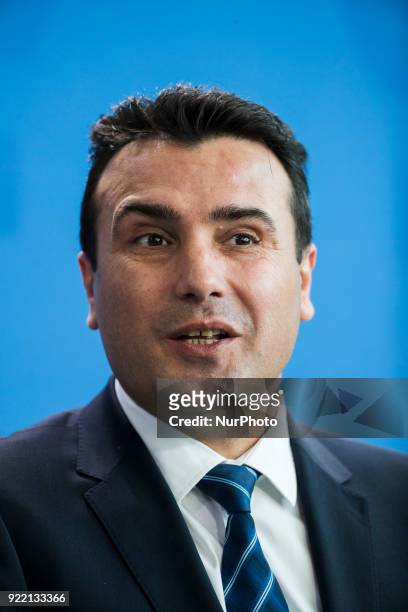 Prime Minister of Macedonia Zoran Zaev is pictured during a press conference held with German Chancellor Angela Merkel at the Chancellery in Berlin,...