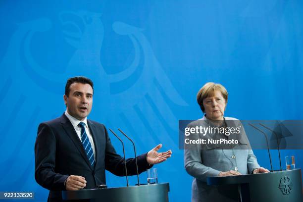 German Chancellor Angela Merkel and Prime Minister of Macedonia Zoran Zaev are pictured during a press conference at the Chancellery in Berlin,...