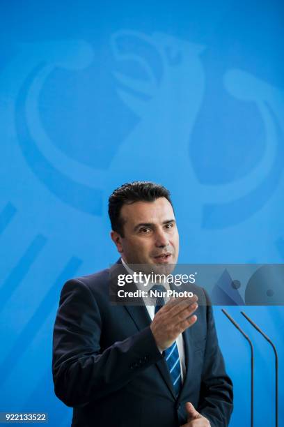 Prime Minister of Macedonia Zoran Zaev is pictured during a press conference held with German Chancellor Angela Merkel at the Chancellery in Berlin,...