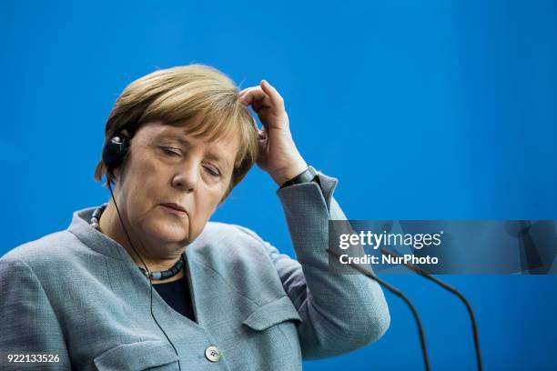 German Chancellor Angela Merkel is pictured during a press conference held with Prime Minister of Macedonia Zoran Zaev at the Chancellery in Berlin,...