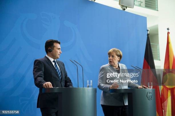 German Chancellor Angela Merkel and Prime Minister of Macedonia Zoran Zaev are pictured during a press conference at the Chancellery in Berlin,...