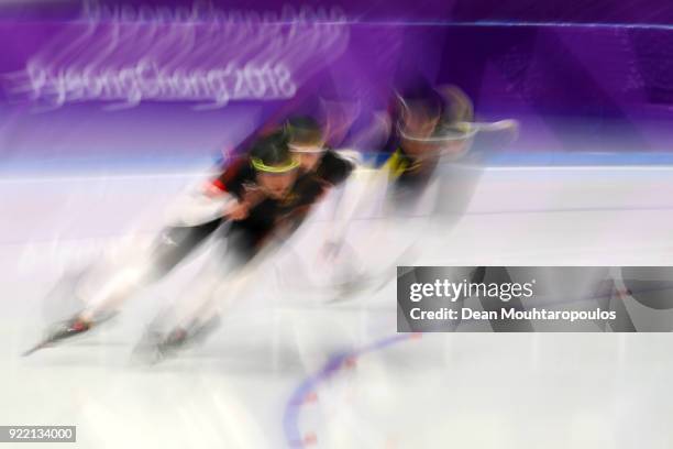 Roxanne Dufter, Claudia Pechstein and Gabriele Hirschbichler of Germany compete during the Speed Skating Ladies' Team Pursuit Final C against China...