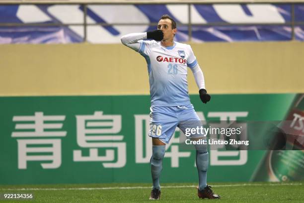 Luke Wilkshire of Sydney FC celebrates a goal during the AFC Champions League Group H match between Shanghai Shenhua FC and Sydney FC at Hongkou...