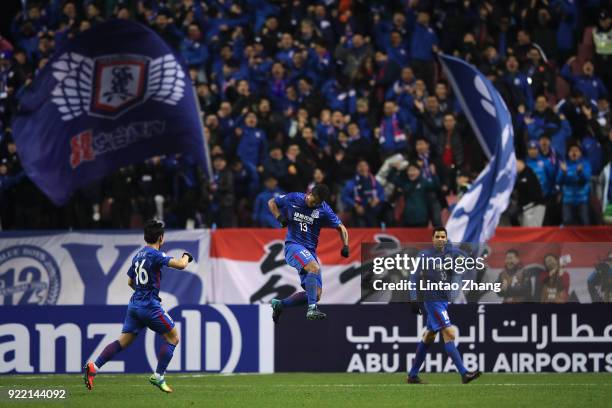 Fredy Guarin of Shanghai Shenhua FC celebrates a point during the AFC Champions League Group H match between Shanghai Shenhua FC and Sydney FC at the...